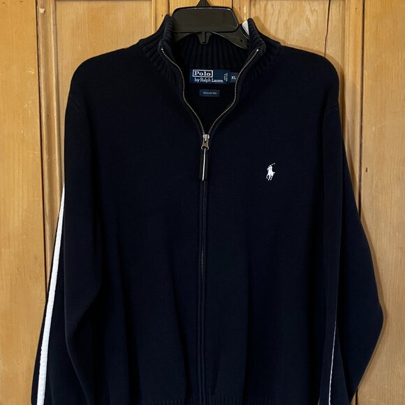 Polo Ralph Lauren Men Vintage 90s Striped Sleeve Track Jacket Medium Blue FA EXC - Picture 1 of 12
